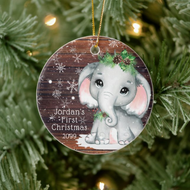 Cute BABY FIRST CHRISTMAS Elephant Wood Snowflake Ceramic Tree Decoration (Tree)