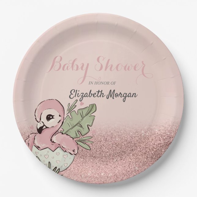 Cute Baby Flamingo Rose Gold Glitter Paper Plate (Front)