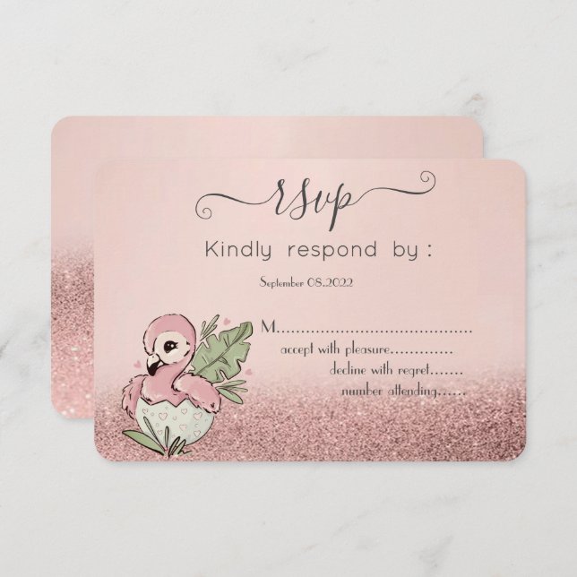 Cute Baby Flamingo Rose Gold Glitter RSVP Invitation (Front/Back)