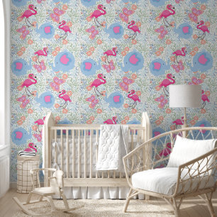 Cute Baby Flamingos Tropical Greenery Pattern Wallpaper