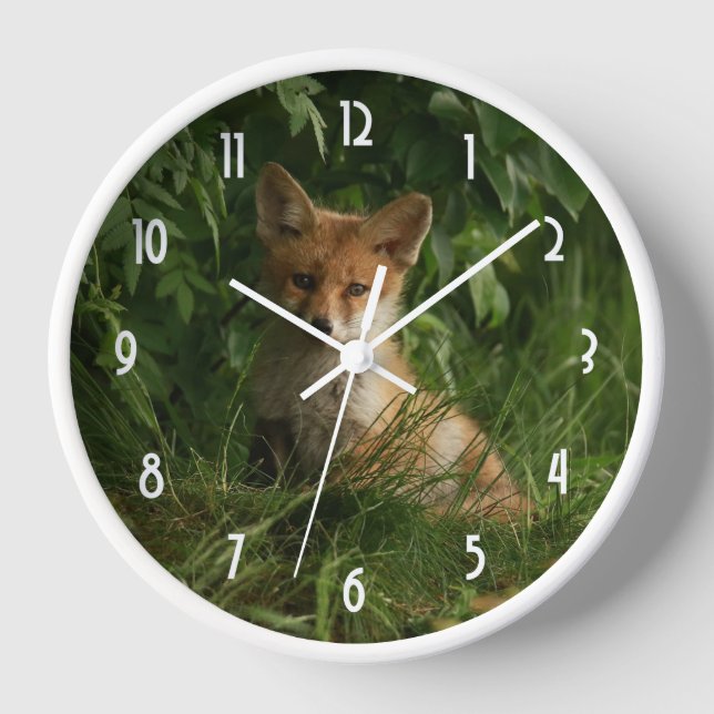 Cute Baby Fox in a Green Forest Clock (Front)