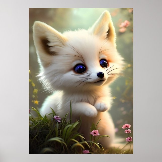 Cute baby fox in wild flowers poster (Front)