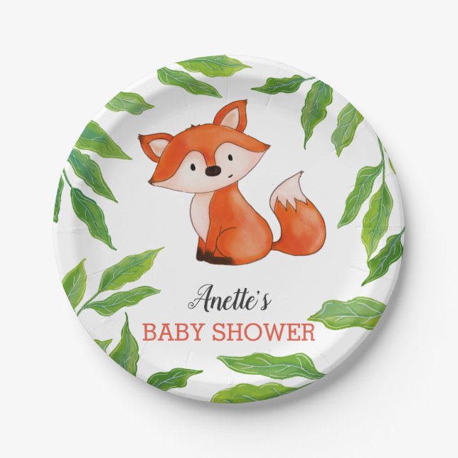 Cute Baby Fox | Leaves | Woodland Baby Shower Paper Plate (Front)