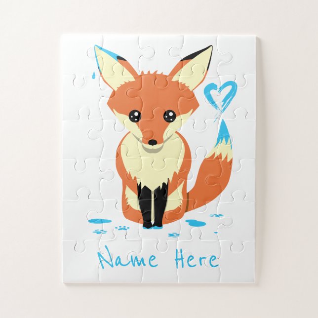 Cute Baby Fox Paints Blue Heart Name Puzzle (Vertical)