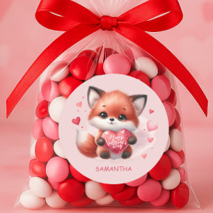 Cute Baby Fox Red Heart Pink Happy Valentines Day Classic Round Sticker