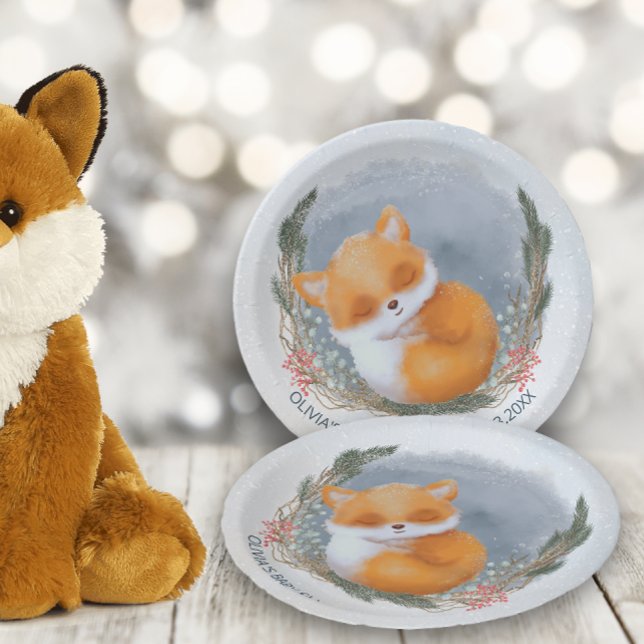 Cute Baby Fox Snowly Winter Baby Shower Paper Plate (Creator Uploaded)