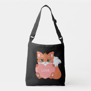 Cute Baby Fox with Heart on Black Crossbody Bag