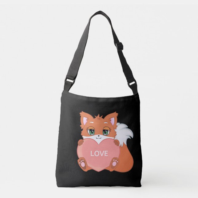 Cute Baby Fox with Heart on Black Crossbody Bag (Front)