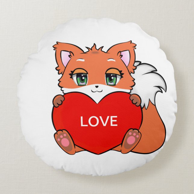 Cute Baby Fox with Heart Round Cushion (Front)