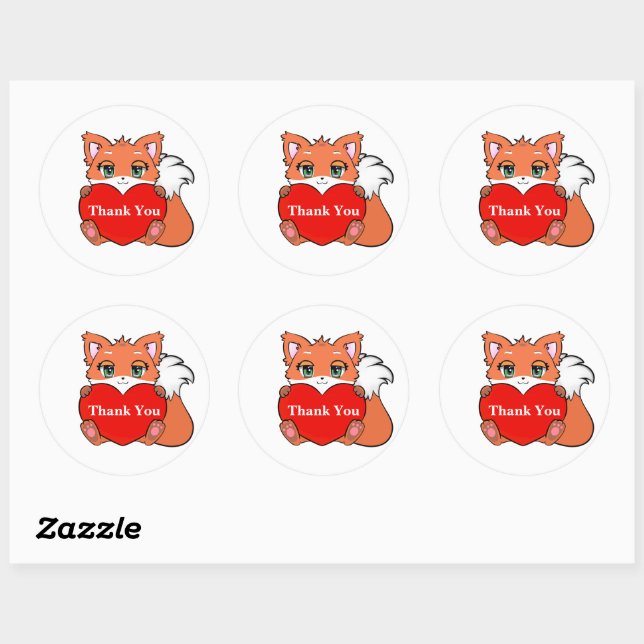 Cute Baby Fox with Heart Thank You Classic Round Sticker (Sheet)