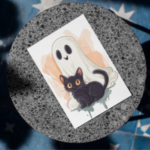 Cute Baby Ghost Black Kitten Halloween Postcard