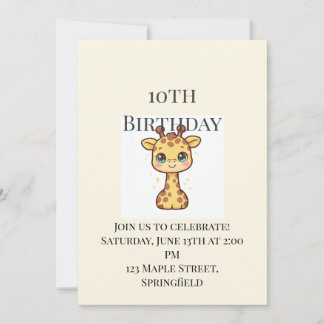 Cute Baby Giraffe 10th Birthday Invitation