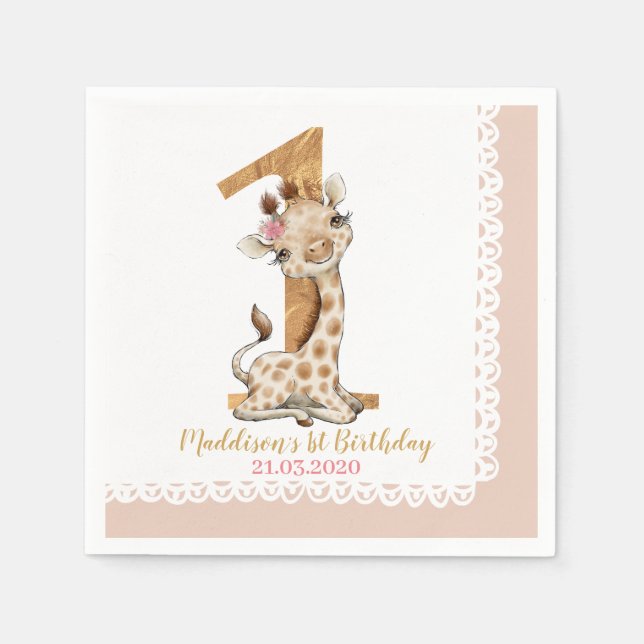 Cute Baby Giraffe 1st Birthday Napkin (Front)