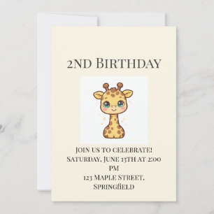 Cute Baby Giraffe 2nd Birthday Invitation