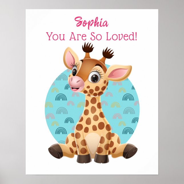 Cute Baby Giraffe Art, Child's Name & Message Poster (Front)