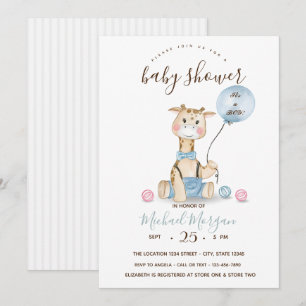 Cute Baby Giraffe Balloon Stripes Baby Shower In Invitation