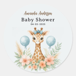 Cute Baby Giraffe Boy Baby Shower   Blue Safari Classic Round Sticker