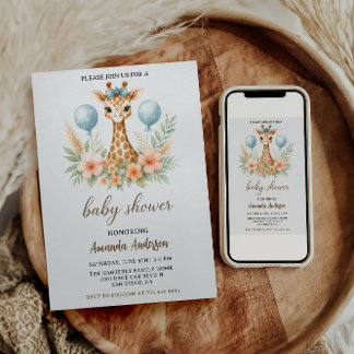 Cute Baby Giraffe Boy Baby Shower | Blue Safari Invitation