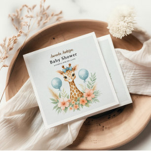 Cute Baby Giraffe Boy Baby Shower Blue Safari Napkin