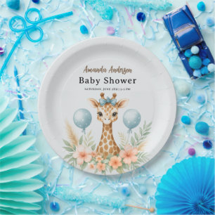 Cute Baby Giraffe Boy Baby Shower   Blue Safari Paper Plate