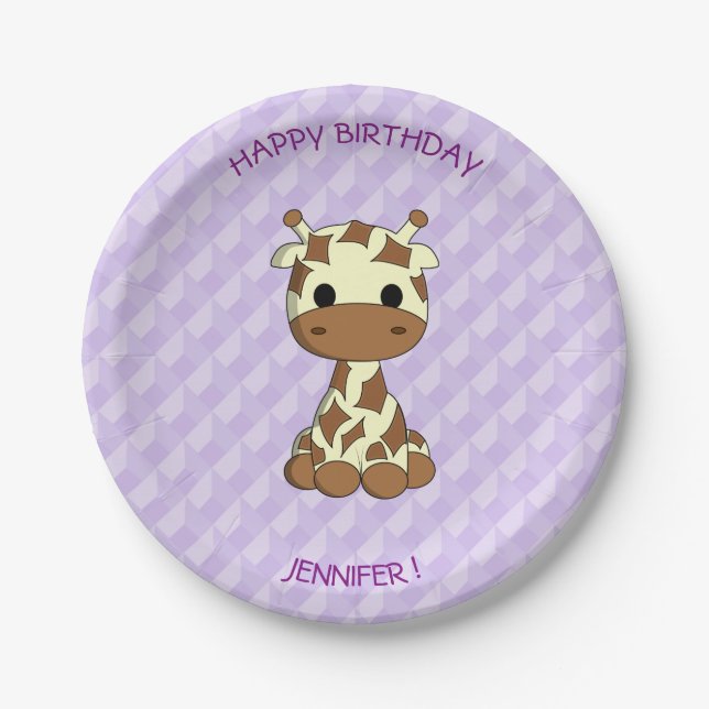Cute baby giraffe cartoon birthday kids paper plate (Front)