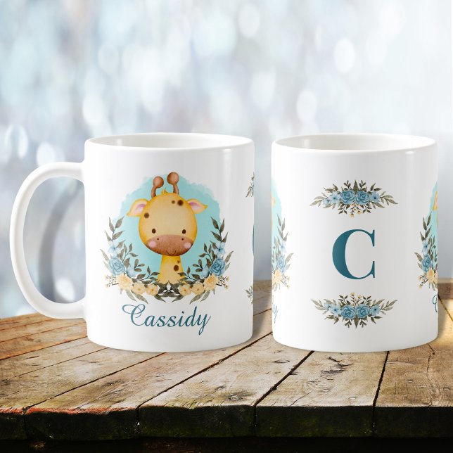 Cute Baby Giraffe Floral Monogram Personalised Coffee Mug (Creator Uploaded)