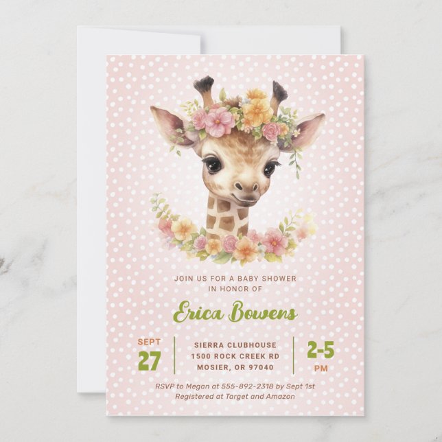 Cute Baby Giraffe Girl Wild Safari Shower Sprinkle Invitation (Front)