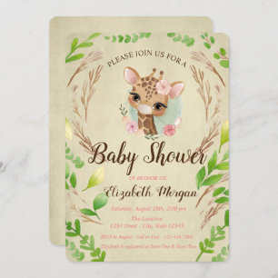 Cute Baby Giraffe, Leaves Invitation