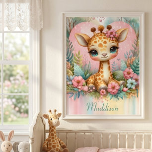 Cute Baby Giraffe Personalised Name Nursery Poster