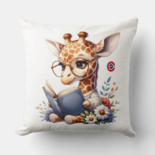 Cute Baby Giraffe Reading Book with Glasses Throw Cushion