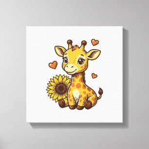 Cute Baby Giraffe Sunflower Vintage Engraving Tee_ Canvas Print