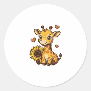 Cute Baby Giraffe Sunflower Vintage Engraving Tee_ Classic Round Sticker