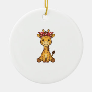 Cute Baby Giraffe with Bow Vintage Vector Design_1 Ceramic Tree Decoration