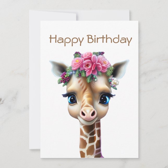 Cute Baby Giraffe with Flowers and Holly  Holiday Card (Front)
