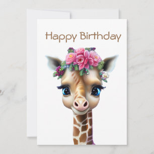Cute Baby Giraffe with Flowers and Holly Holiday Card