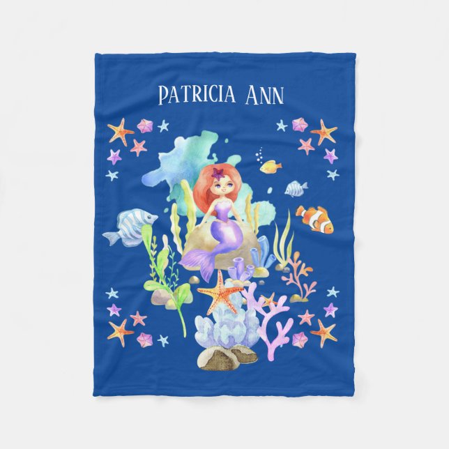 cute baby girl add name mermaid fleece blanket (Front)
