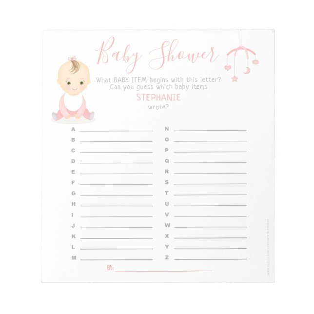 Cute Baby Girl and her Mobile Baby Shower Game Notepad (Front)