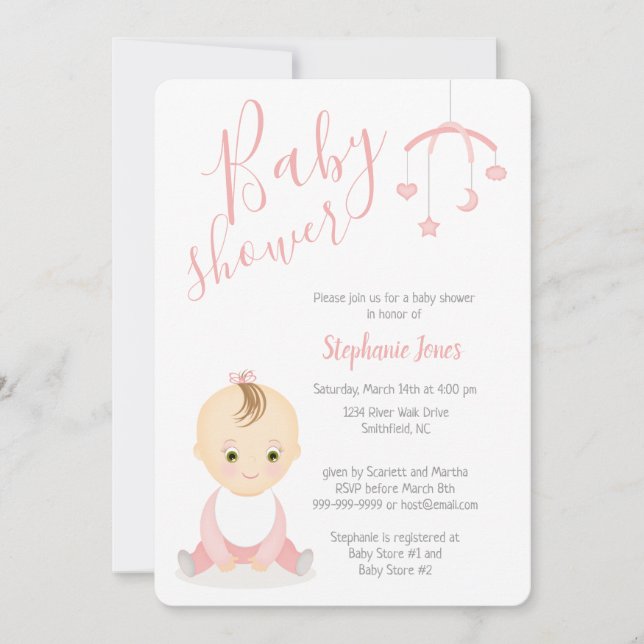 Cute Baby Girl and her Mobile Baby Shower Invitation (Front)