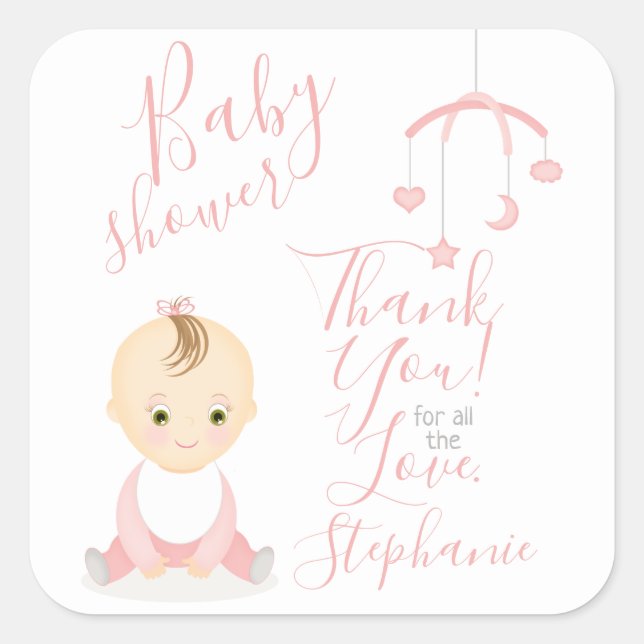 Cute Baby Girl and her Mobile Baby Shower Square Sticker (Front)