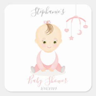 Cute Baby Girl and her Mobile Baby Shower Square Sticker