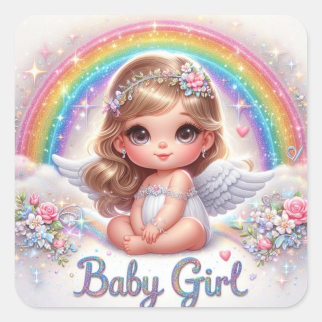 Cute Baby Girl Angel with Rainbow and Flowers Square Sticker (Front)