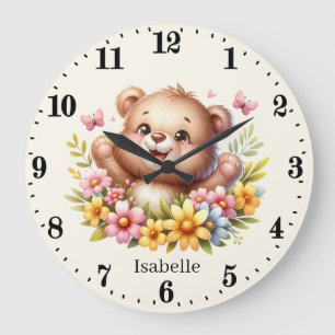 Cute baby girl bear add name  large clock