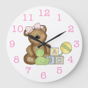 Cute Baby Girl Bear in Pink Bow+Rattle/Duck Large Clock