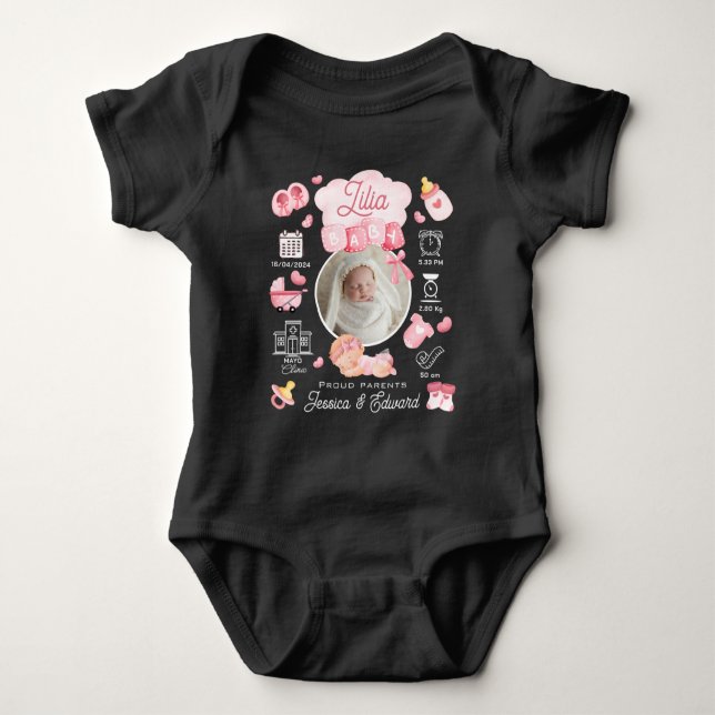 Cute Baby Girl Birth Stats Pink Newborn Modern  Bodysuit (Front)