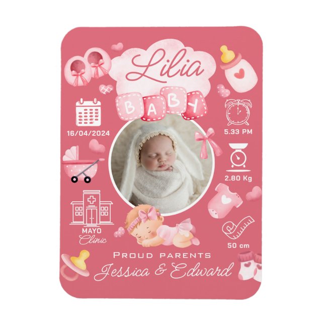 Cute Baby Girl Birth Stats Pink Newborn Modern  Magnet (Vertical)