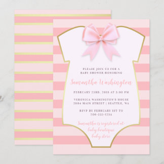 Cute Baby Girl Blush Pink Bow & Gold Baby Shower Invitation