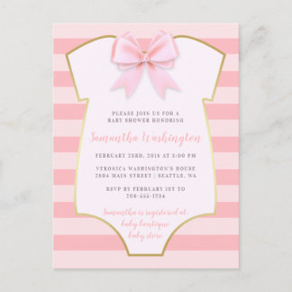 Cute Baby Girl Blush Pink Bow & Gold Baby Shower Invitation Postcard