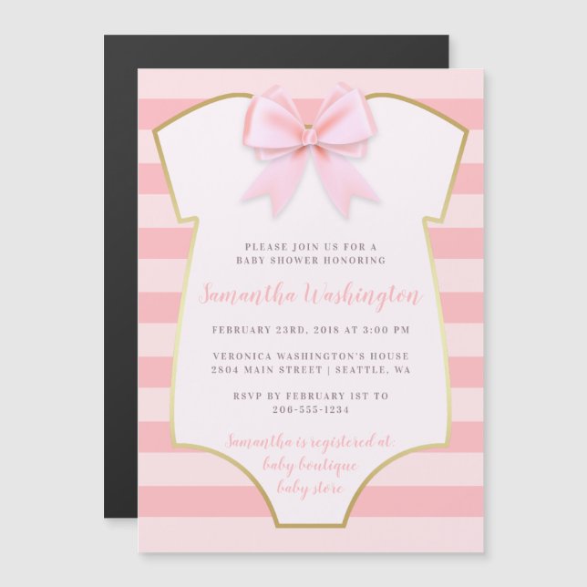 Cute Baby Girl Blush Pink Bow & Gold Baby Shower Magnetic Invitation (Front/Back)