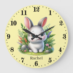 Cute baby girl bunny add name large clock