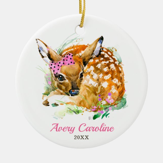 Cute Baby Girl Deer Fawn Personalized Christmas Ceramic Tree Decoration (Front)